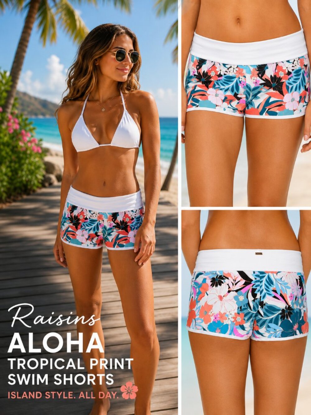 Raisins Aloha Tropical Print Swim Shorts White Small NWT